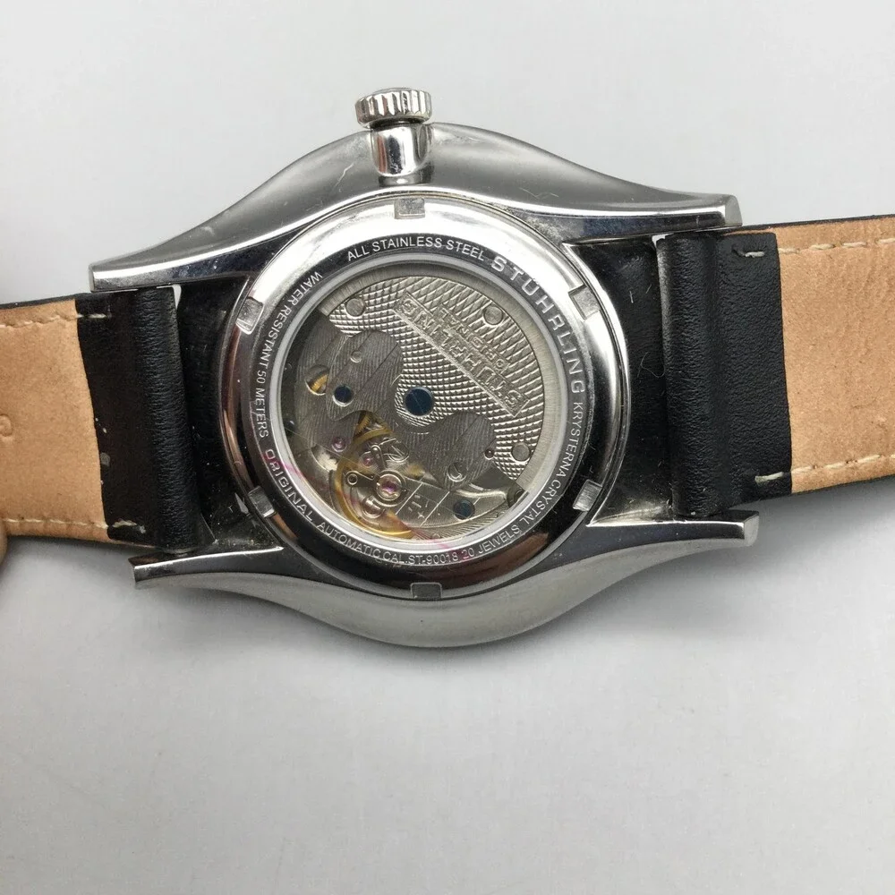 Stuhrling Original Mens Watch 44mm Black Dial Black Leather Automatic Date